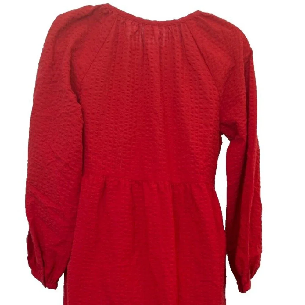 Old Navy Maxi Dress Sz XS Red Peasant Seersucker Long Sleeve Tiered Empire Waist - Picture 4 of 7